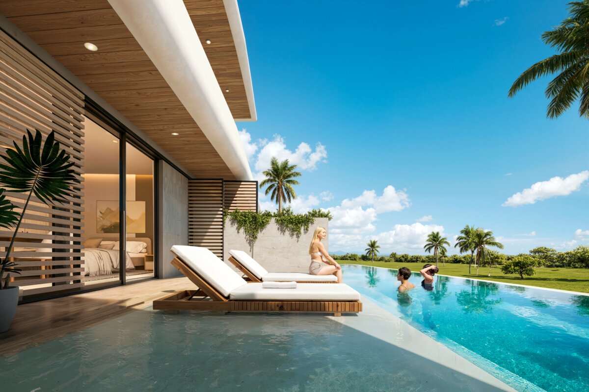 Image de synthèse d'une piscine de terrasse privée à River Island, Punta Cana, un projet de Noval Properties, promoteur actif depuis 2003.