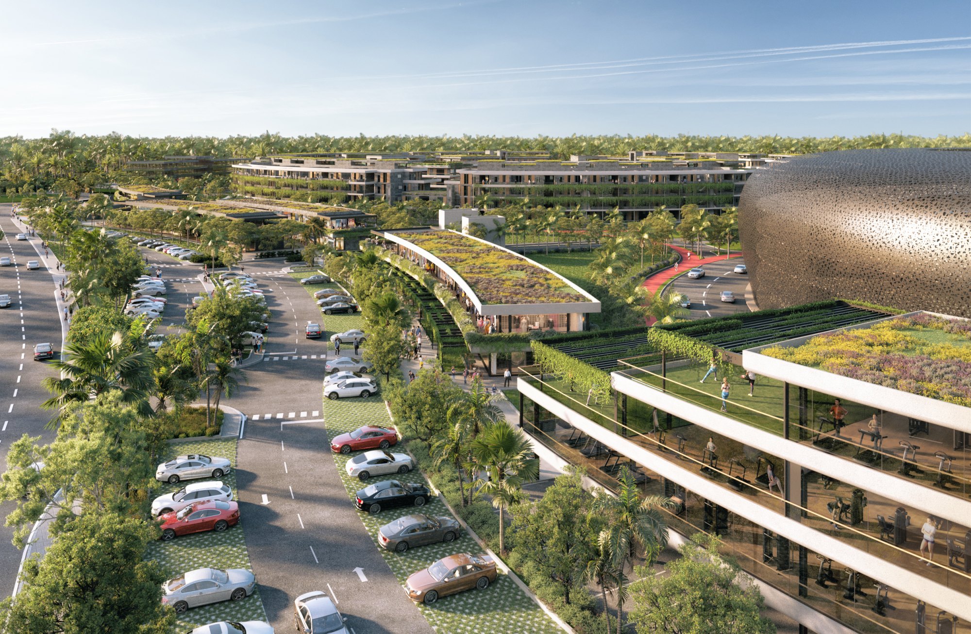 Rendering of the commercial core of Atlántida, the community River Island is the second phase of, not River Island's own blocks; River Island lists a 54,000 sq ft shopping center.