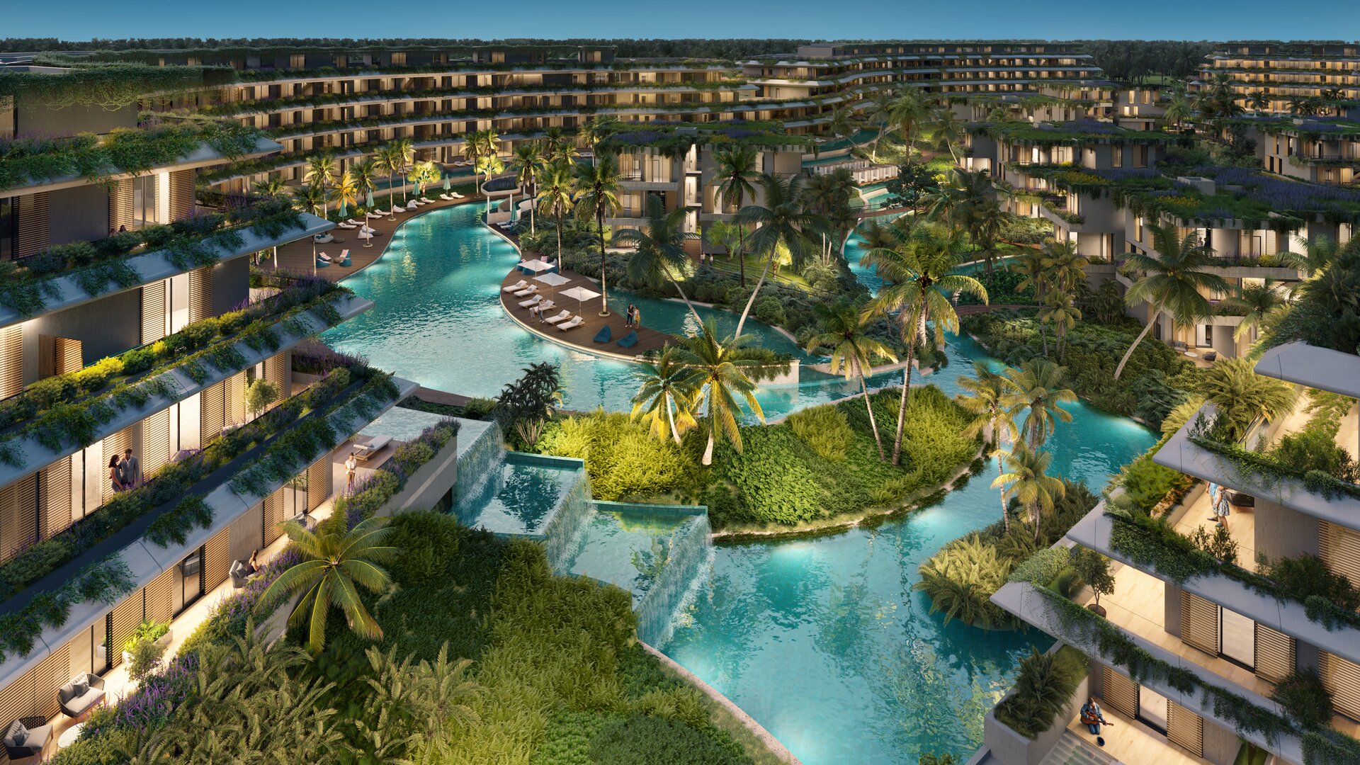 Recreación de la vista exterior principal de River Island en Punta Cana, un desarrollo cerrado de Atlántida proyectado en torno a 16 piscinas interconectadas.