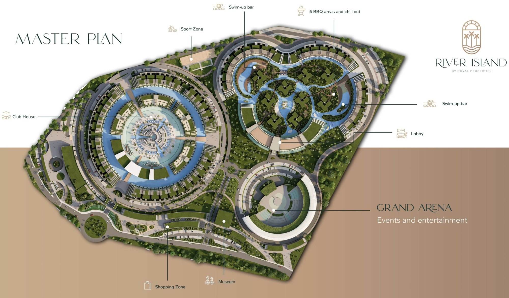 Rendered River Island master plan with its sport zone, club house and pools; its 692 residences have no golf course, and Cocotal is about 1.8 miles by road.