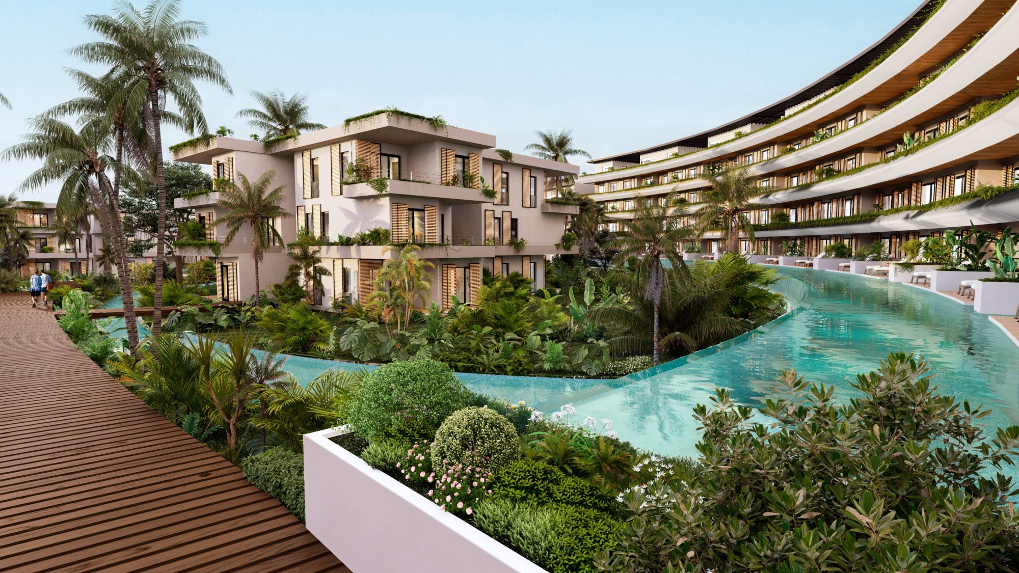 Rendering of a timber boardwalk beside the river pool at River Island, one of 16 planned pools: private paths inside the gate, unlike the public streets of Los Corales.