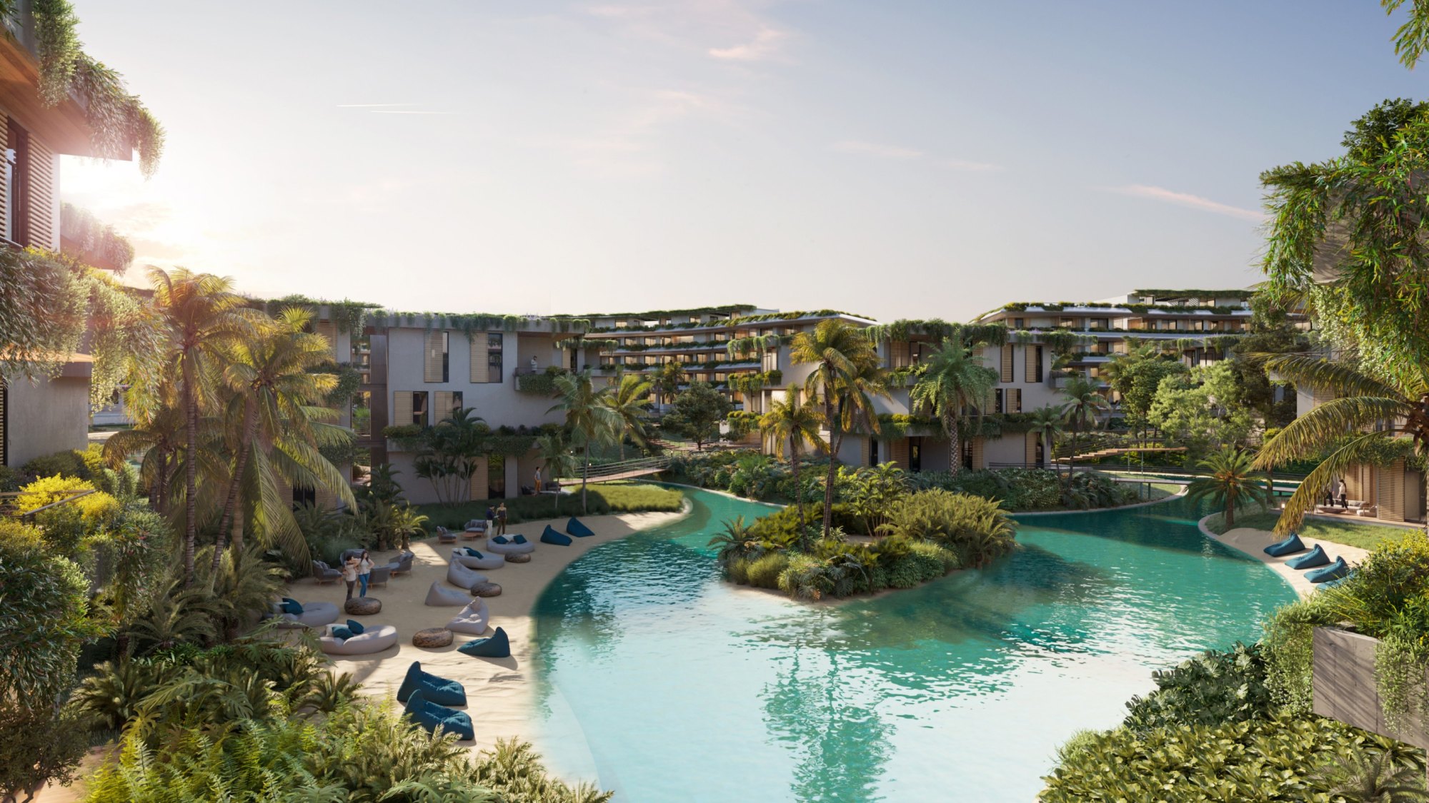 Image de synthèse de la rivière-piscine à bord de sable de River Island au coucher du soleil, poufs sur la plage : l'une des 16 piscines prévues.