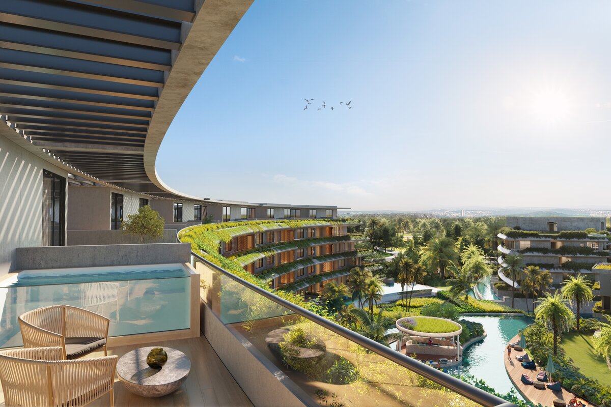 Image de synthèse des terrasses en toiture et de la piscine resort de River Island à Punta Cana, communauté fermée qui prévoit un centre commercial de 54 000 pieds carrés.
