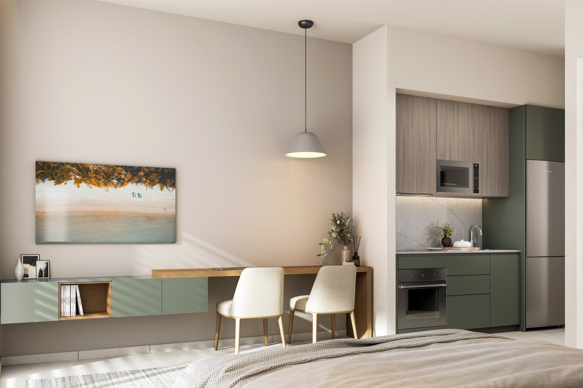 Image de synthèse d'un studio de River Island : bureau intégré, kitchenette et lit au premier plan, l'une des 692 résidences prévues à Atlántida, Punta Cana.
