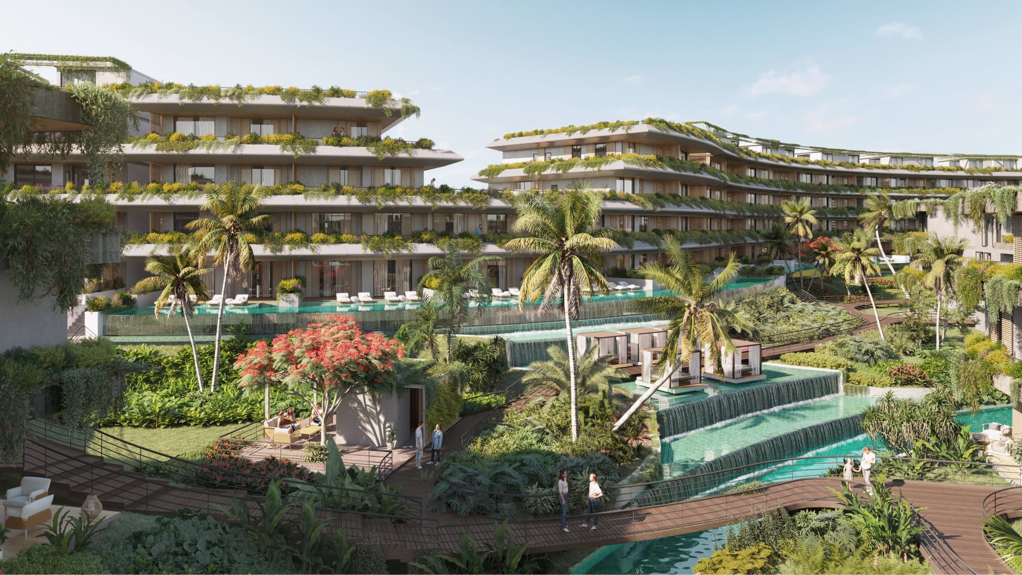 Recreación digital de las piscinas en cascada y los bloques con cubiertas verdes de River Island en Bávaro, a unas 49 millas por carretera de Bayahíbe y sus barcos a Saona.